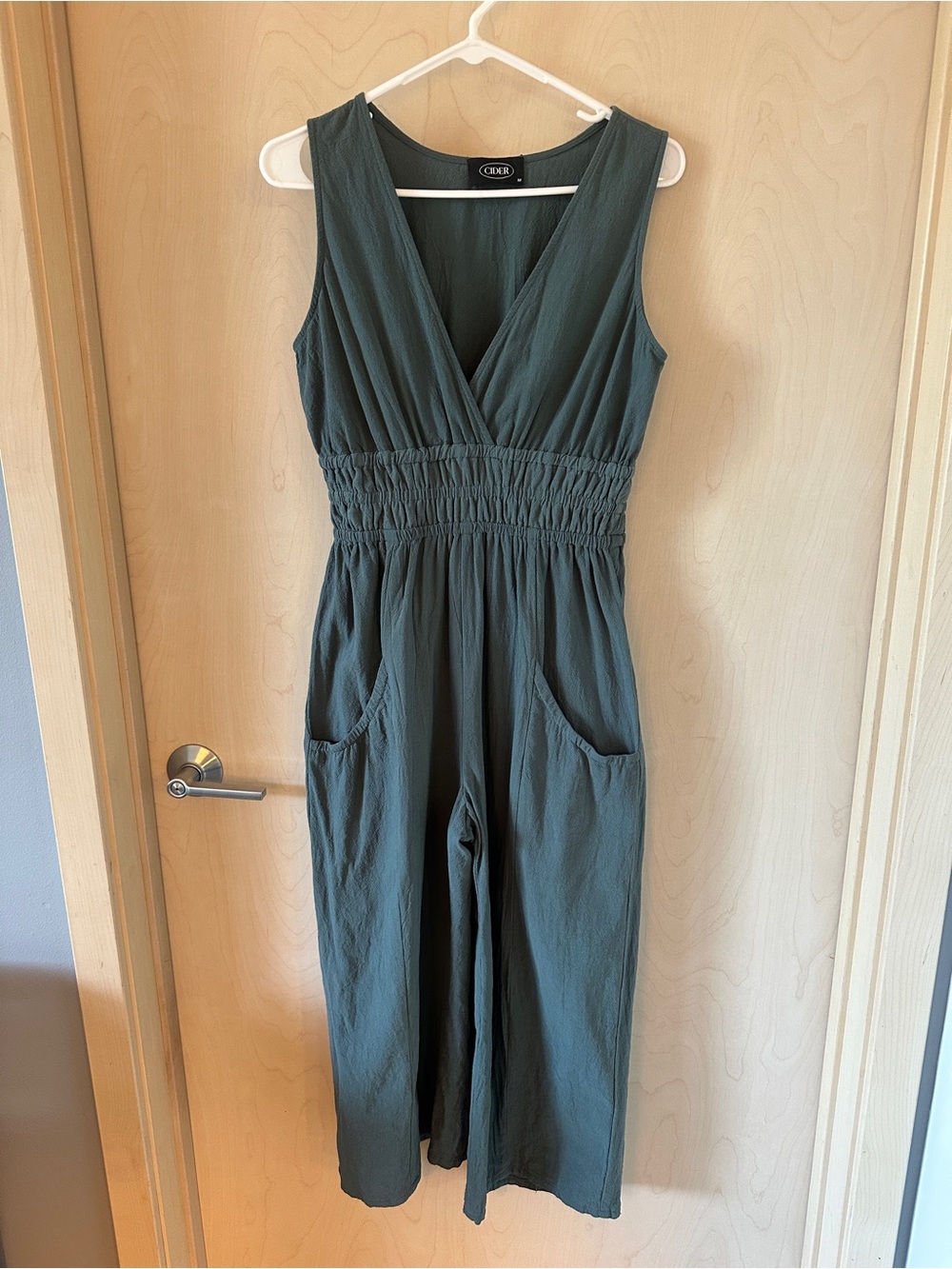 Cider Sleeveless Smocked Waist Jumpsuit in Forest Green Wide Leg Med
